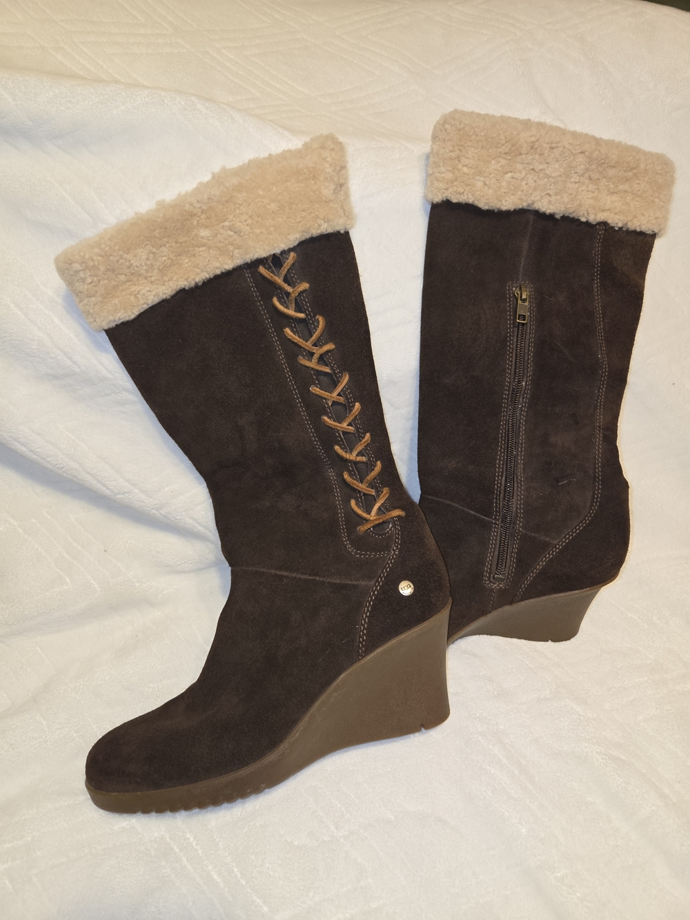 UGG Dark Brown Suede Wedge Boots with Cream Shearling Cuff